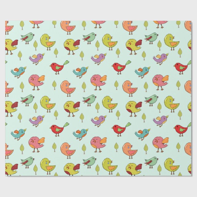 Cute Whimsical Hand-Drawn Birds Pattern Wrapping Paper (Flat)