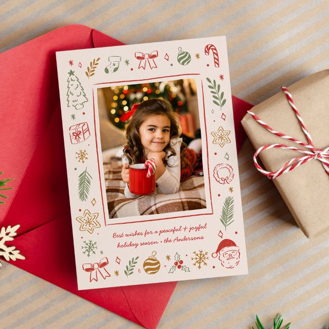 Cute Whimsical Hand-Drawn Christmas Icons Holiday Card (cute whimsical Christmas photo card with hand-drawn icons)