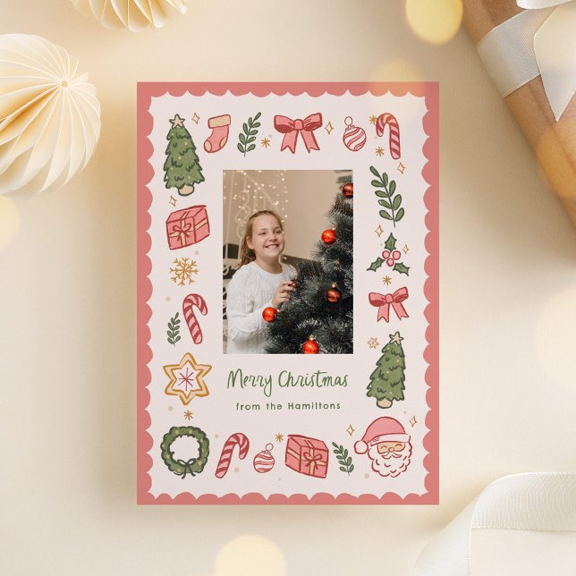 Cute Whimsical Hand-Drawn Christmas Icons Photo Holiday Card (quirky hand-drawn Christmas photo card with cute icons)