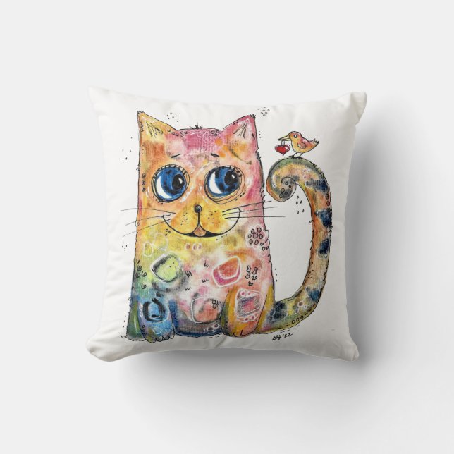 Cute Whimsical Happy Cat with Bird Cushion (Front)