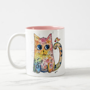 Cute Whimsical Happy Cat with Bird Two-Tone Coffee Mug