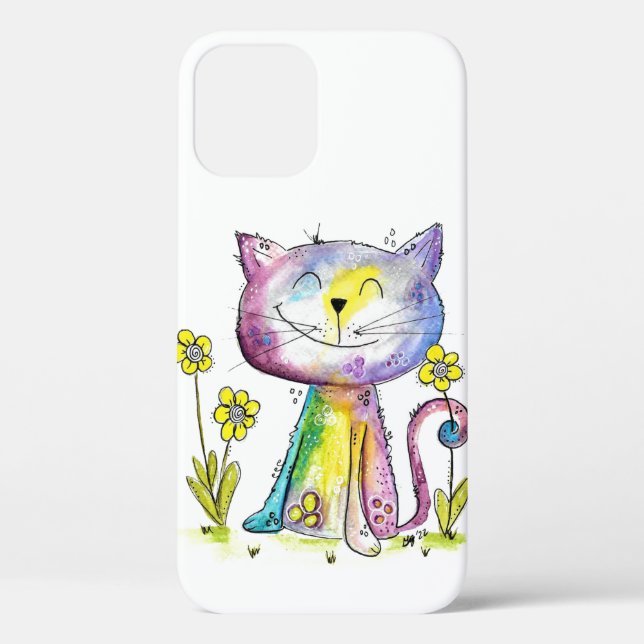 Cute Whimsical Happy Cat with Yellow Flower Case-Mate iPhone Case (Back)