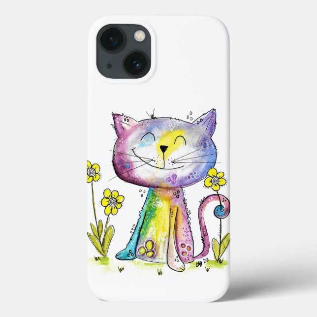 Cute Whimsical Happy Cat with Yellow Flower Case-Mate iPhone Case (Back)