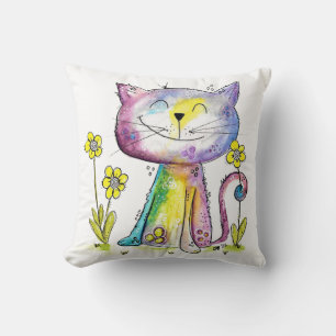 Cute Whimsical Happy Cat with Yellow Flowers Cushion