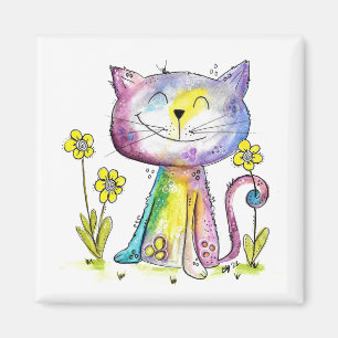 Cute Whimsical Happy Cat with Yellow Flowers Magnet