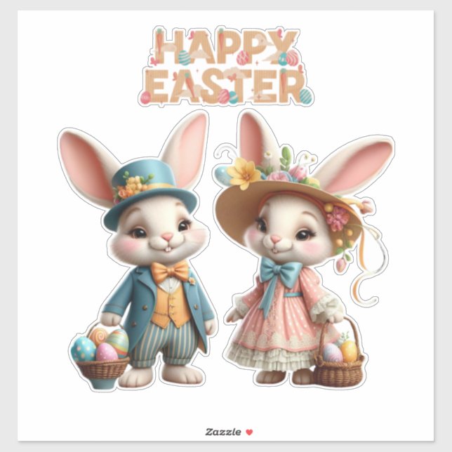 Cute, Whimsical Happy Easter with 2 rabbits (Sheet)