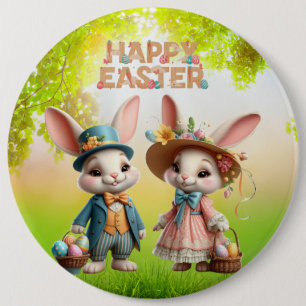 Cute, Whimsical Happy Easter with 2 rabbits 6 Cm Round Badge