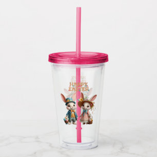 Cute, Whimsical Happy Easter with 2 rabbits Acrylic Tumbler
