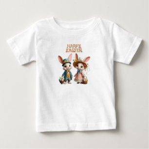 Cute, Whimsical Happy Easter with 2 rabbits Baby T-Shirt