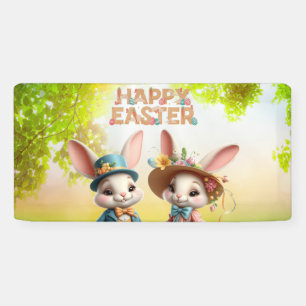Cute, Whimsical Happy Easter with 2 rabbits Banner