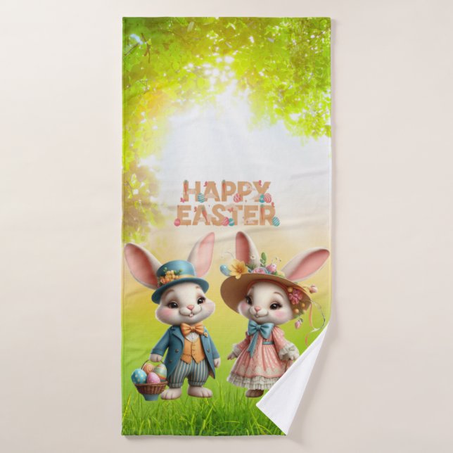 Cute, Whimsical Happy Easter with 2 rabbits Bath Towel (Bath Towel)