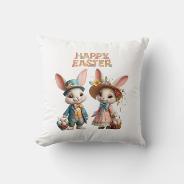 Cute, Whimsical Happy Easter with 2 rabbits Cushion (Front)