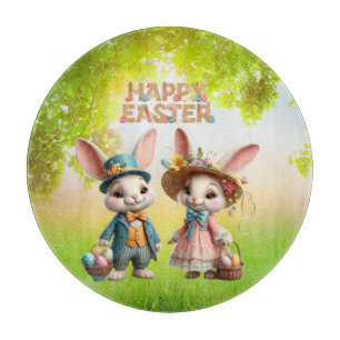 Cute, Whimsical Happy Easter with 2 rabbits Cutting Board