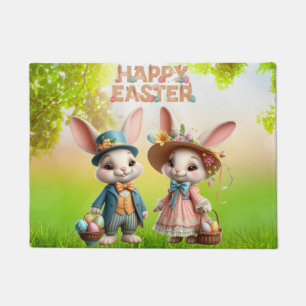 Cute, Whimsical Happy Easter with 2 rabbits Doormat