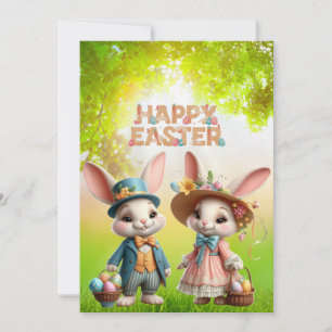 Cute, Whimsical Happy Easter with 2 rabbits Holiday Card