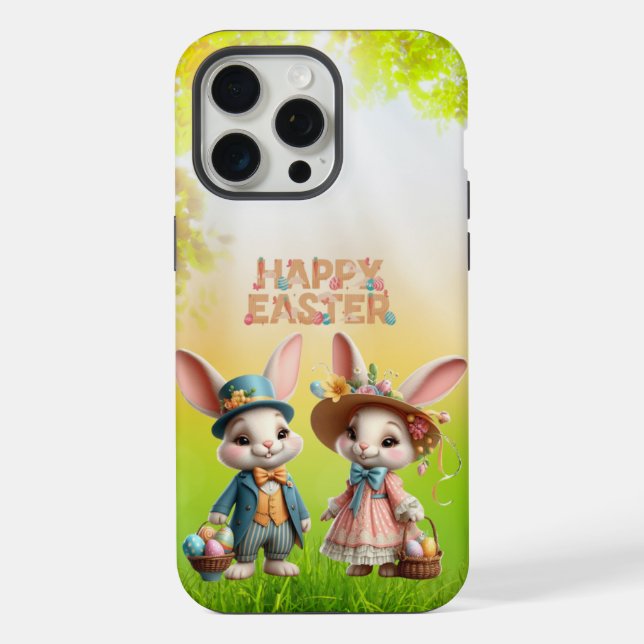 Cute, Whimsical Happy Easter with 2 rabbits iPhone Case (Back)