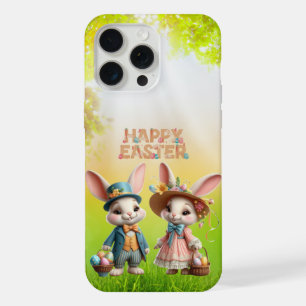Cute, Whimsical Happy Easter with 2 rabbits iPhone 15 Pro Max Case