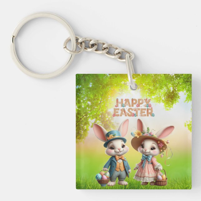 Cute, Whimsical Happy Easter with 2 rabbits Key Ring (Front)