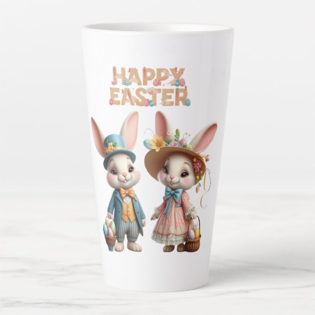Cute, Whimsical Happy Easter with 2 rabbits Latte Mug (Front)