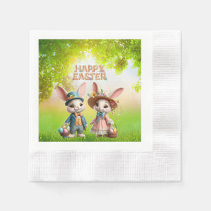 Cute, Whimsical Happy Easter with 2 rabbits Napkin