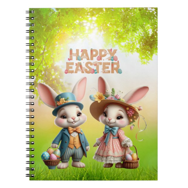 Cute, Whimsical Happy Easter with 2 rabbits Notebook (Front)
