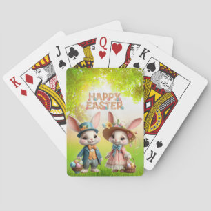 Cute, Whimsical Happy Easter with 2 rabbits Playing Cards