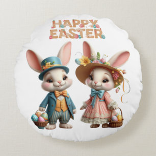 Cute, Whimsical Happy Easter with 2 rabbits Round Cushion