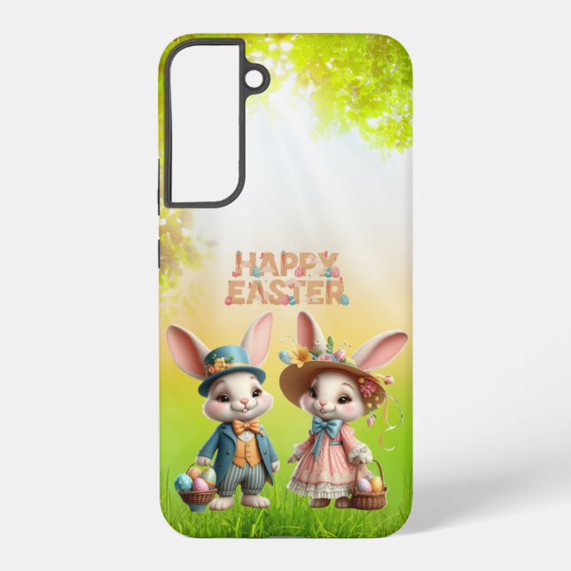 Cute, Whimsical Happy Easter with 2 rabbits Samsung Galaxy S22+ Case (Back)