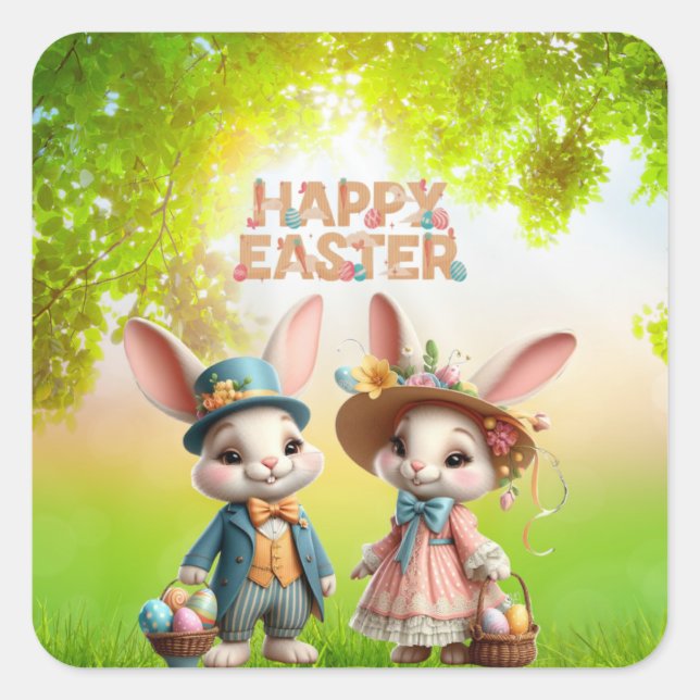 Cute, Whimsical Happy Easter with 2 rabbits Square Sticker (Front)