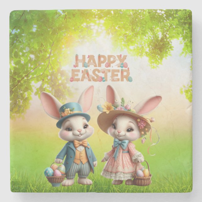 Cute, Whimsical Happy Easter with 2 rabbits Stone Coaster (Front)
