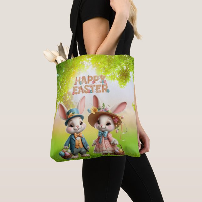 Cute, Whimsical Happy Easter with 2 rabbits Tote Bag (Close Up)