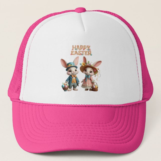 Cute, Whimsical Happy Easter with 2 rabbits Trucker Hat (Front)