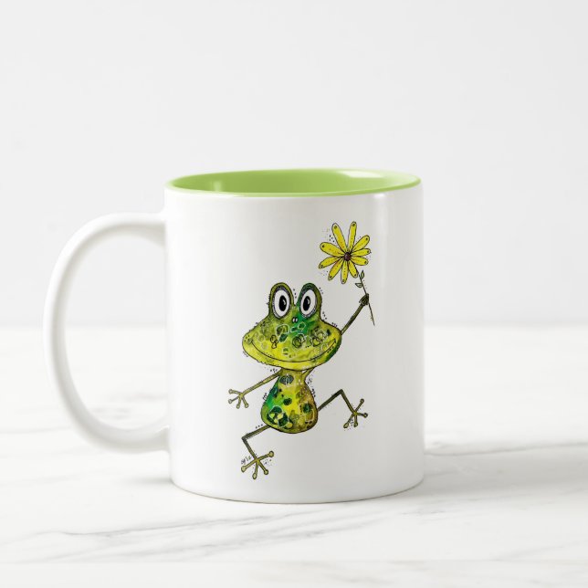 Cute Whimsical Happy Frog Two-Tone Coffee Mug (Left)