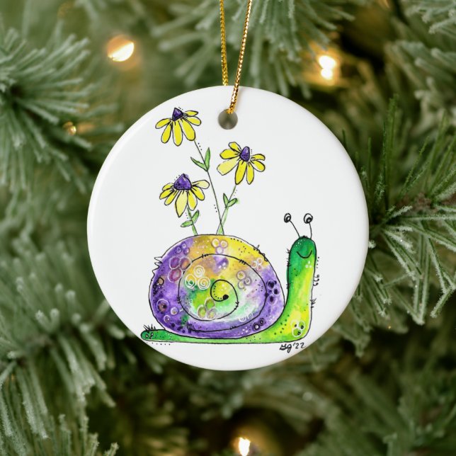 Cute Whimsical Happy Snail with Yellow Flowers Ceramic Ornament (Tree)