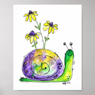 Cute Whimsical Happy Snail with Yellow Flowers Poster