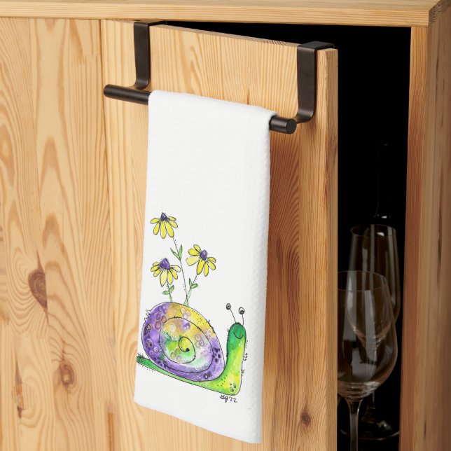 Cute Whimsical Happy Snail with Yellow Flowers Tea Towel (Thirds Fold)