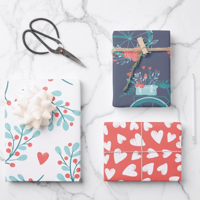 Cute Whimsical Hearts Flowers Pattern Navy Blue Wrapping Paper Sheet (Front)