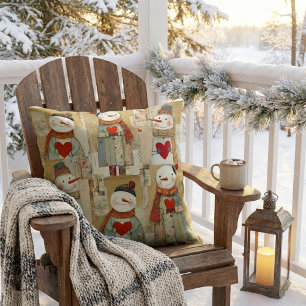 Cute Whimsical Hearts Snowman Winter Cushion