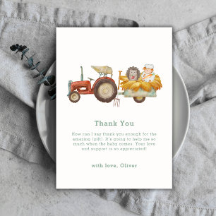 Cute Whimsical Hedgehog Farm Tractor Baby Shower  Thank You Card