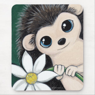 Cute Whimsical Hedgehog Holding a Flower Mousepad