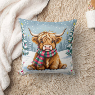 Cute Whimsical Highland Cow Christmas Cushion