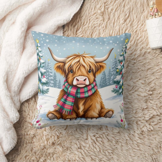 Cute Whimsical Highland Cow Christmas Cushion (Blanket)