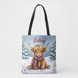 Cute Whimsical Highland Cow Christmas Personalised Tote Bag