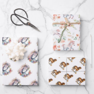 Cute Whimsical Horse Pony Floral Watercolor Wrapping Paper Sheet
