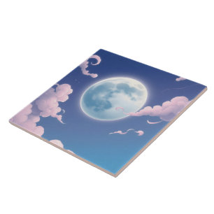 Cute whimsical illustration of moon in night sky ceramic tile