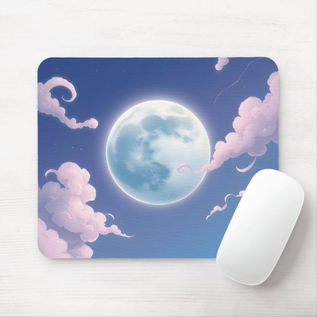 Cute whimsical illustration of moon in night sky mouse pad (With Mouse)