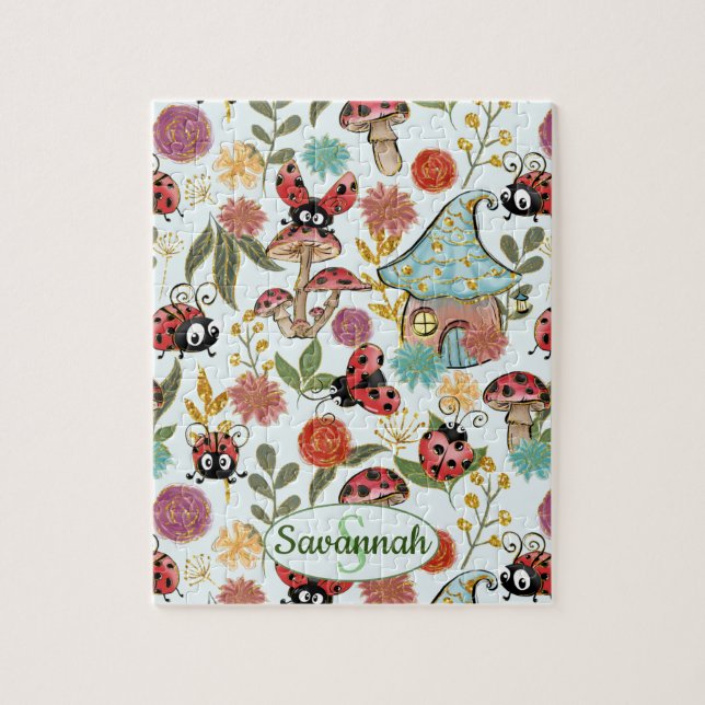 Cute Whimsical Ladybugs Mushrooms Flowers Monogram Jigsaw Puzzle (Vertical)