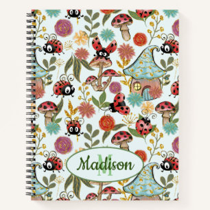 Cute Whimsical Ladybugs Mushrooms Flowers Monogram Notebook