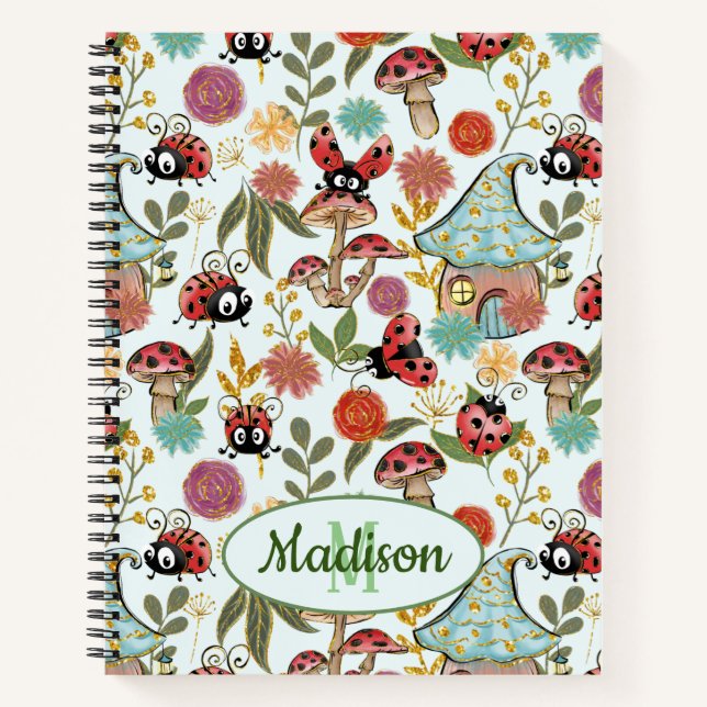 Cute Whimsical Ladybugs Mushrooms Flowers Monogram Notebook (Front)