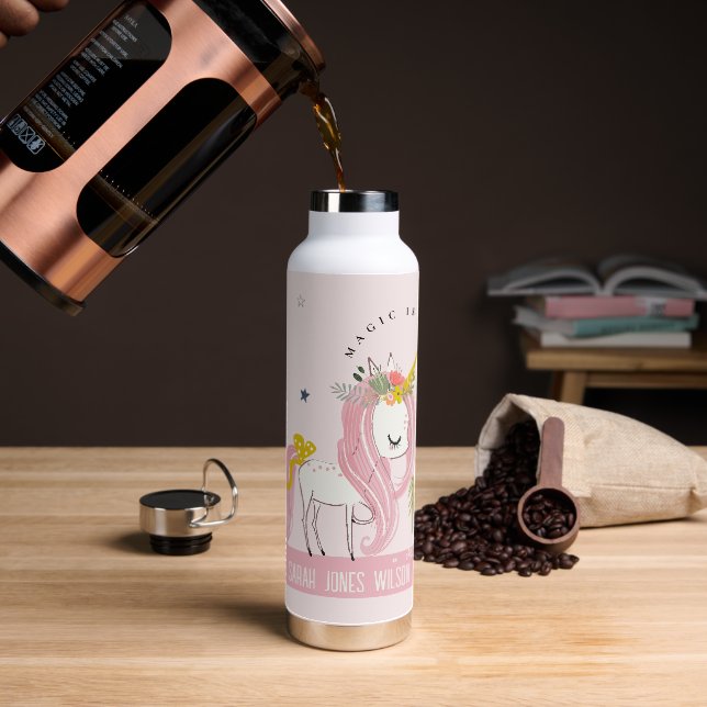 Cute Whimsical Magical Unicorn Pink Princess Kids Water Bottle (Coffee)